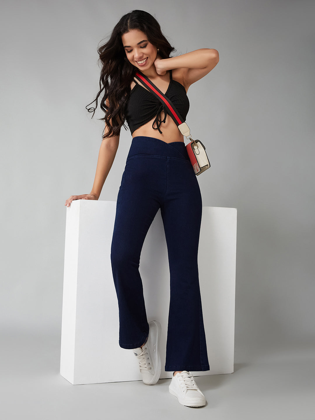 CHASEshape™ Women's Navy Blue High-Rise Clean-Look Regular-Length Stretchable Denim Pull Up Bootcut Shaping Jeans