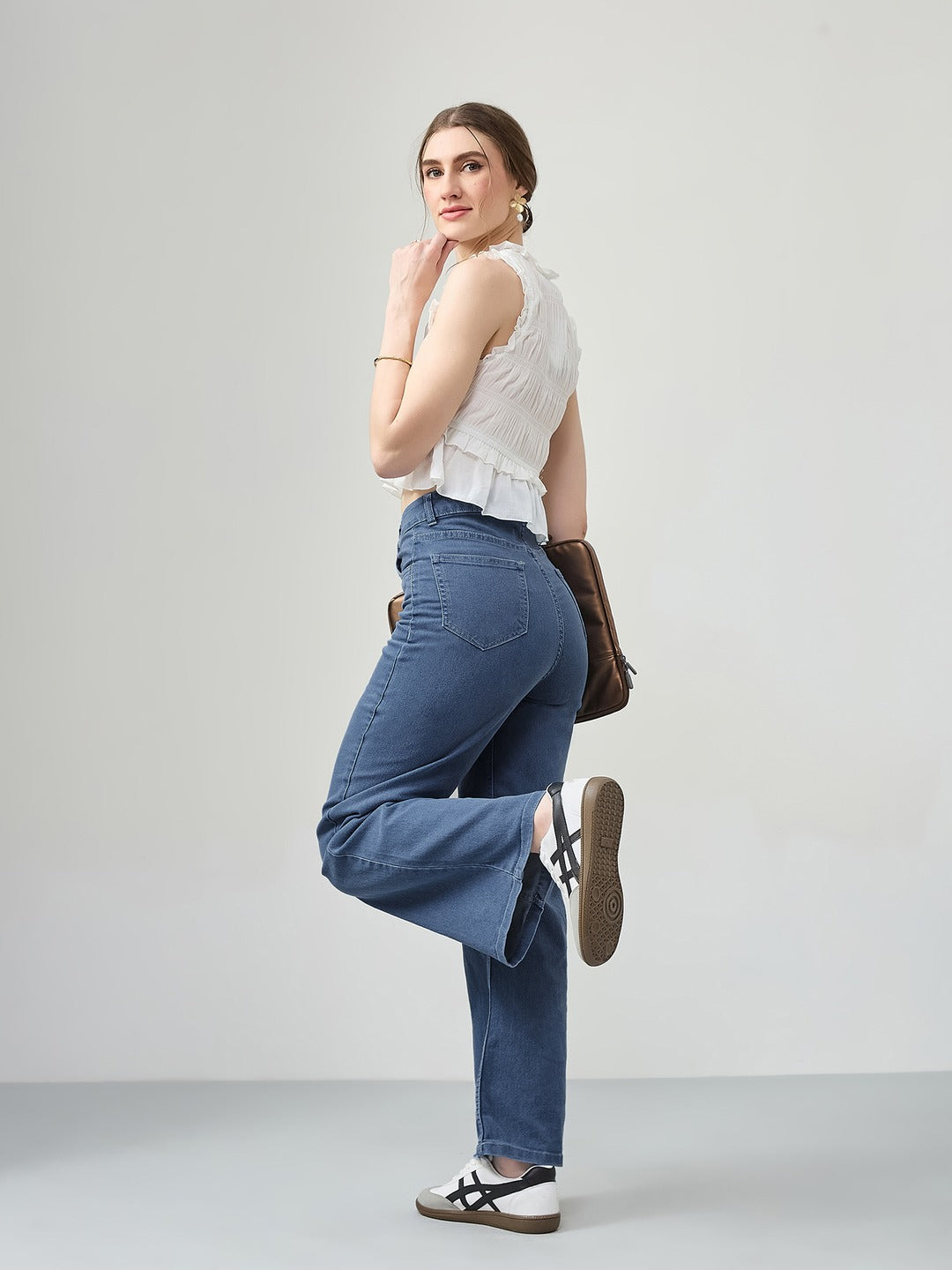 Blue Wide-Leg High-Rise Stretchable Denim Jeans for Women