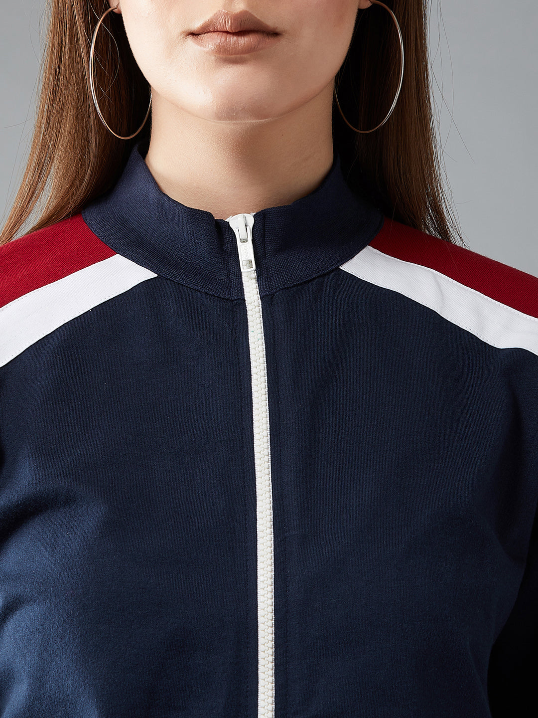 Women's Multicoloured-Base-Navy Blue Turtle-neck Full sleeves Solid Color-Block Regular Jacket