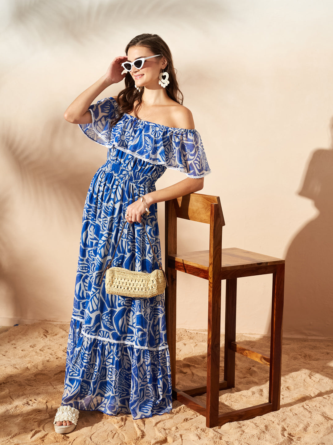 White & Blue Square Neck Cape Floral Tiered Maxi Chiffon Dress for Women — Miss Chase