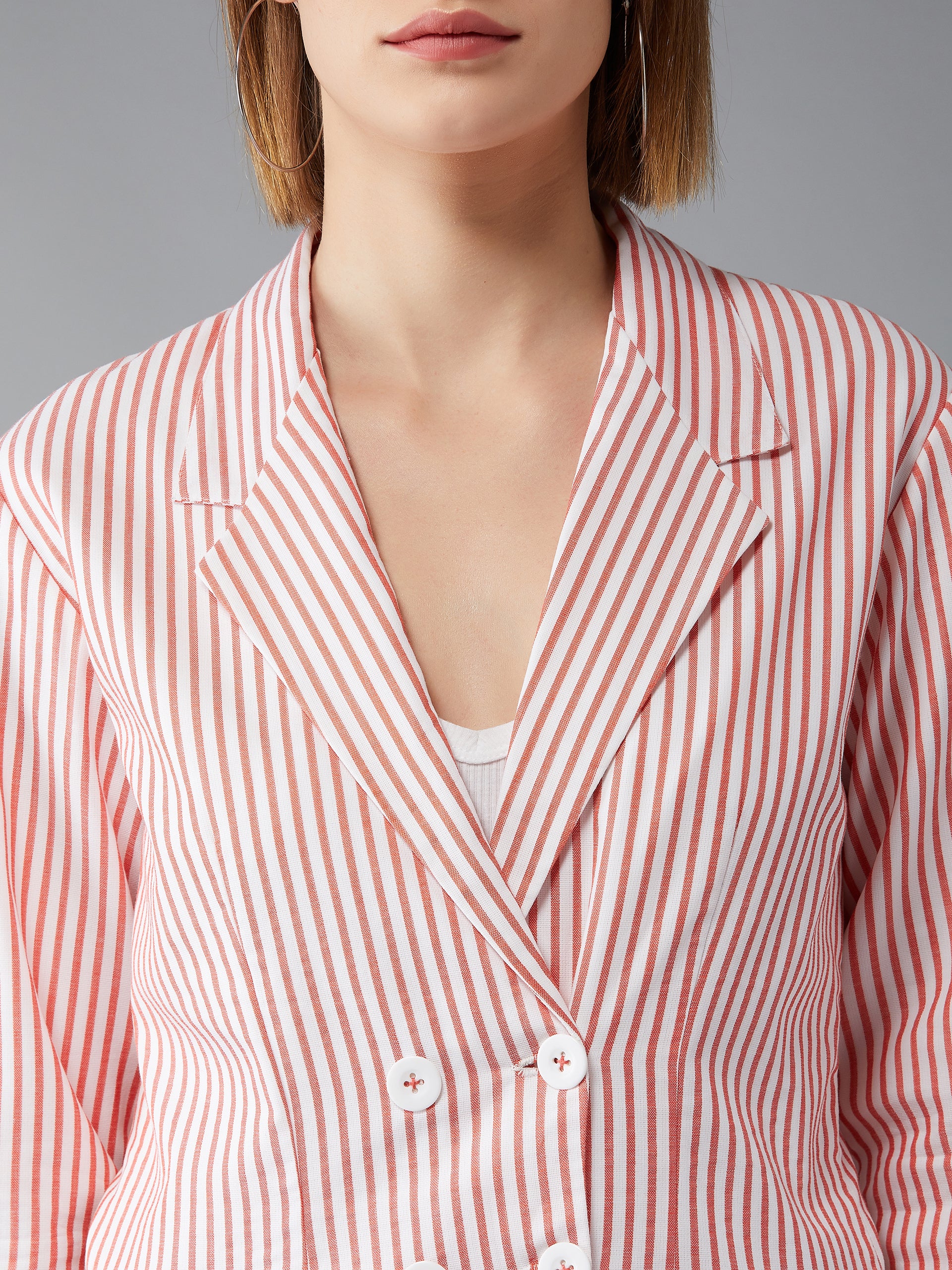 Women's Orange and White Collared Full Sleeves Striped Regular Length Notched Jacket