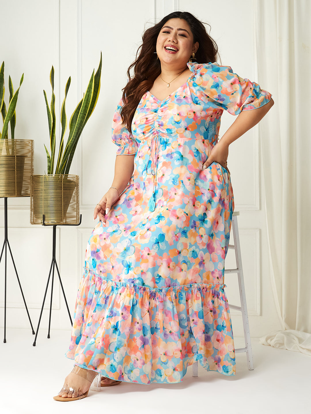 Women's Multicolored-Base-Sky Blue V-Neck Puff Sleeve Floral Ruching Ankle-Length Dress