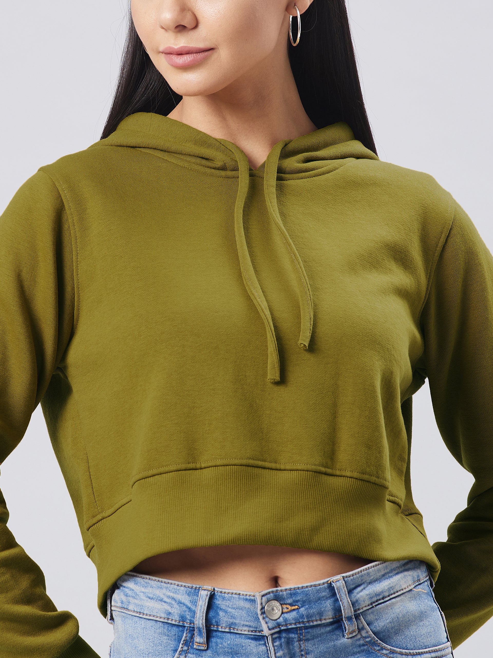 Women's Olive Round Neck Full Sleeve Solid Hooded Crop Sweatshirt