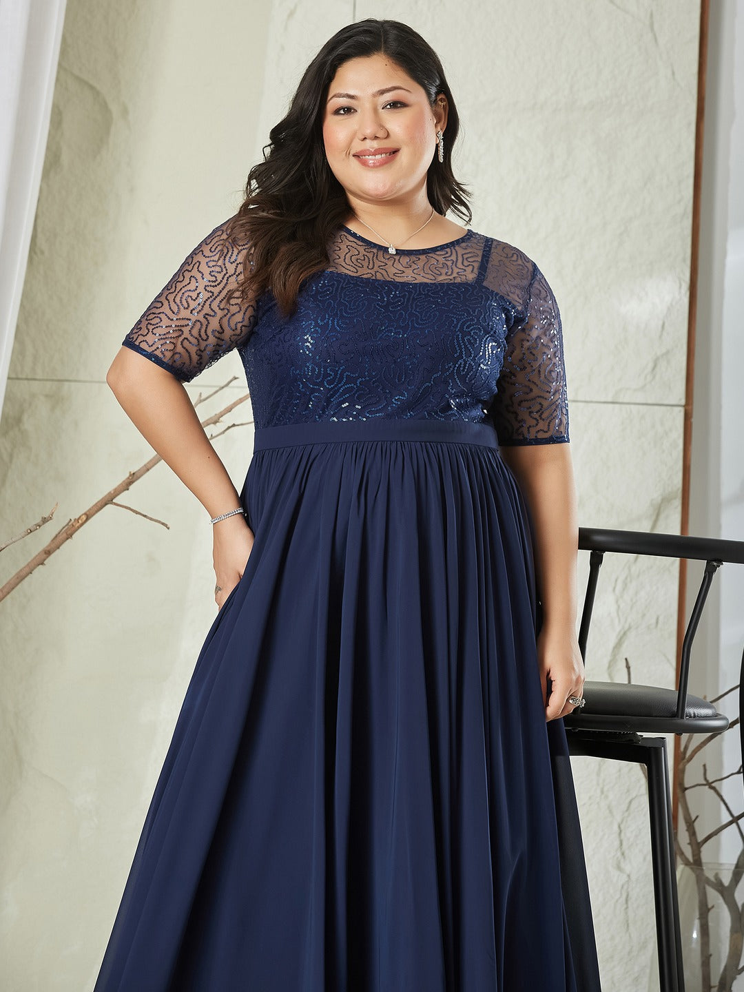 Navy Blue Relaxed Fit Maxi Georgette & Sequins Dress for Women