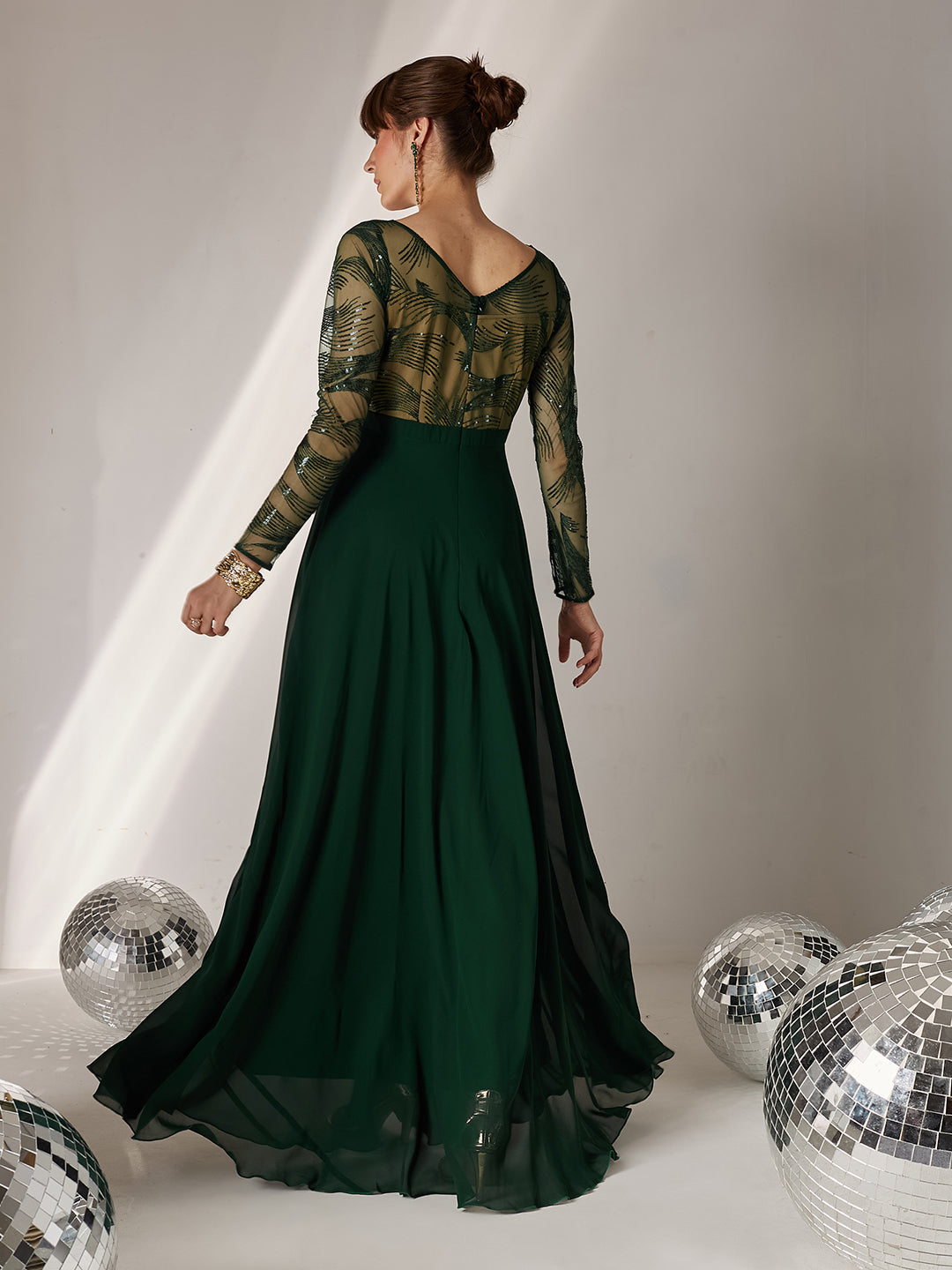 Women's Green & Beige Solid Embellished Maxi Dress