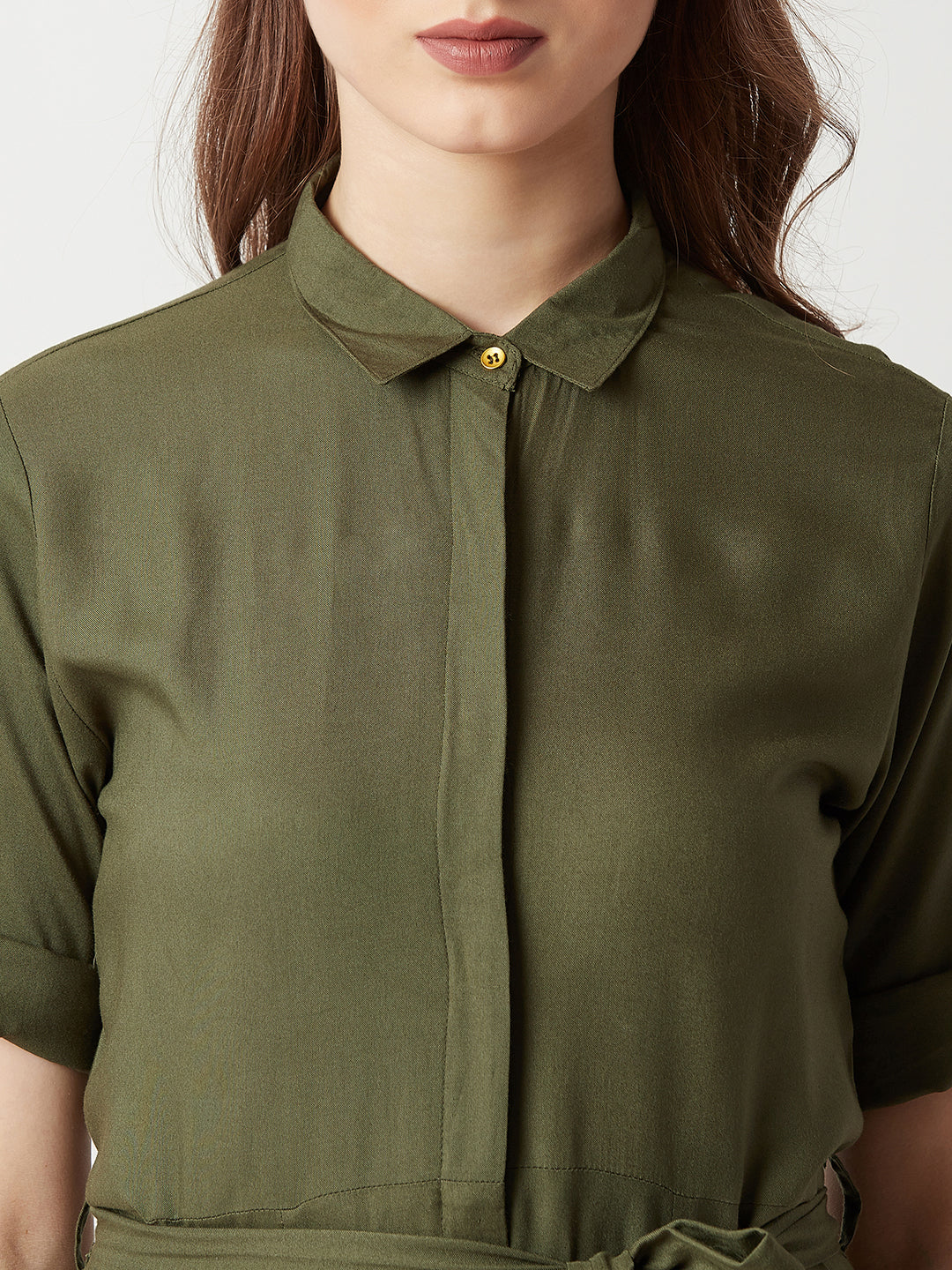 Women's Olive Green Round Neck Rolled Up Half Sleeve Solid Buttoned Paneled Midi Shirt Dress