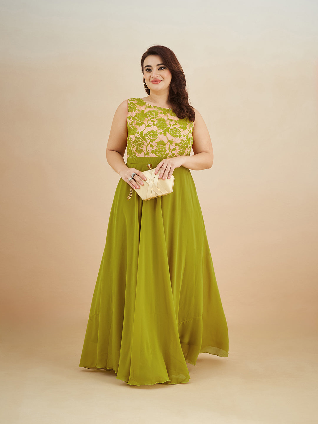 Women's Lemon Green Round Neck Sleeveless Georgette Floral Lace Fit & Flare Maxi Dress