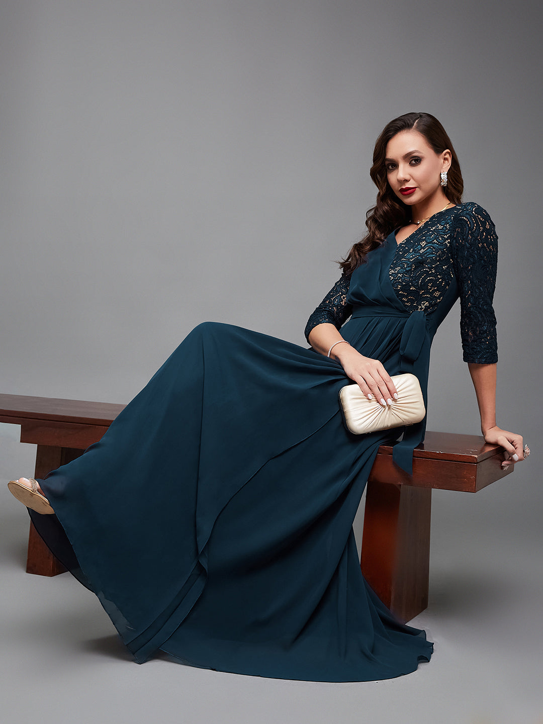 Women's Teal V-Neck 3/4 Sleeve Self-Designed Wrap-Styled Georgette Maxi Dress