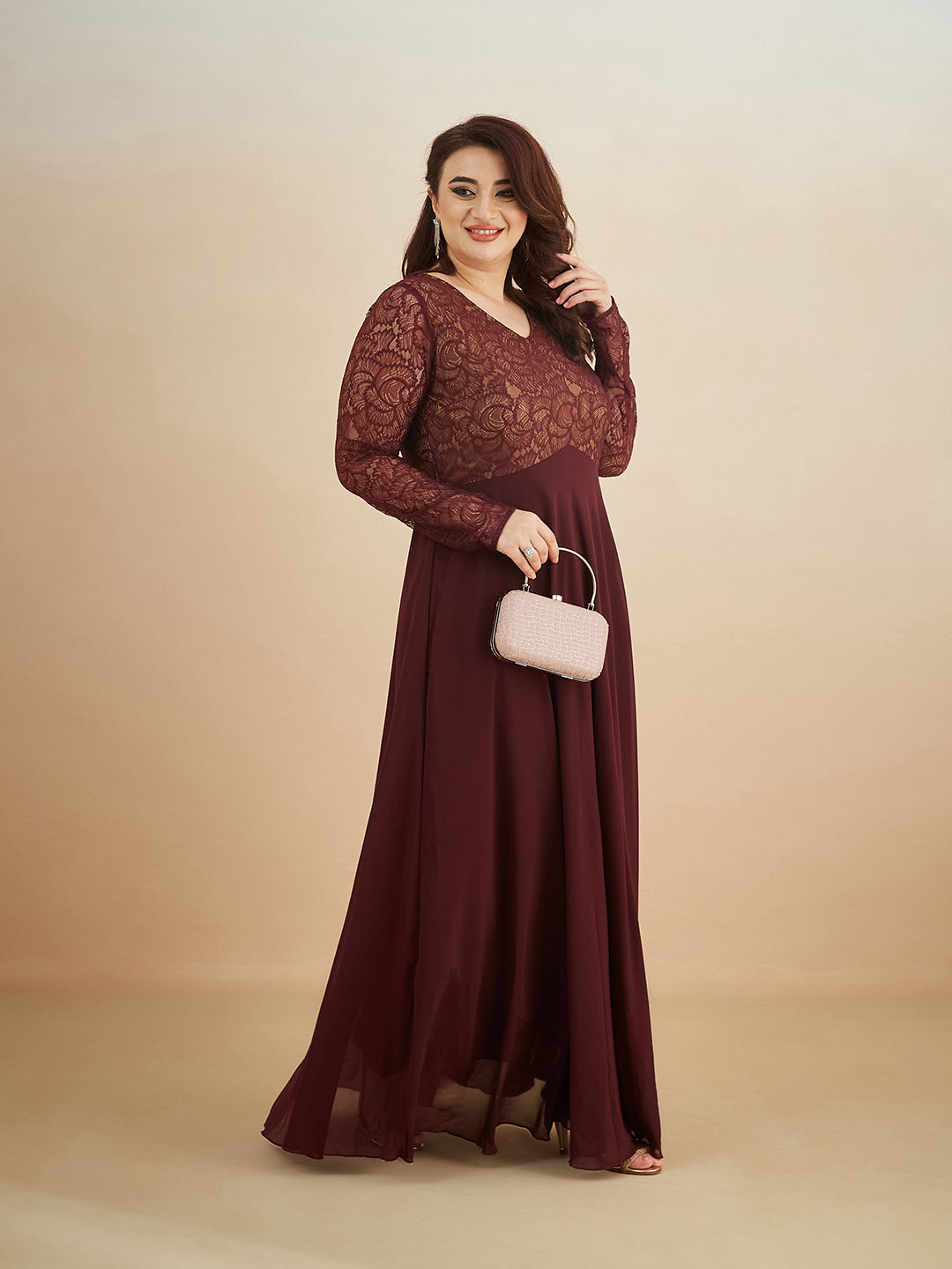 Wine V-Neck Full Sleeve Self Design Lace-Overlaid Georgette Maxi Dress for Women — Miss Chase A+