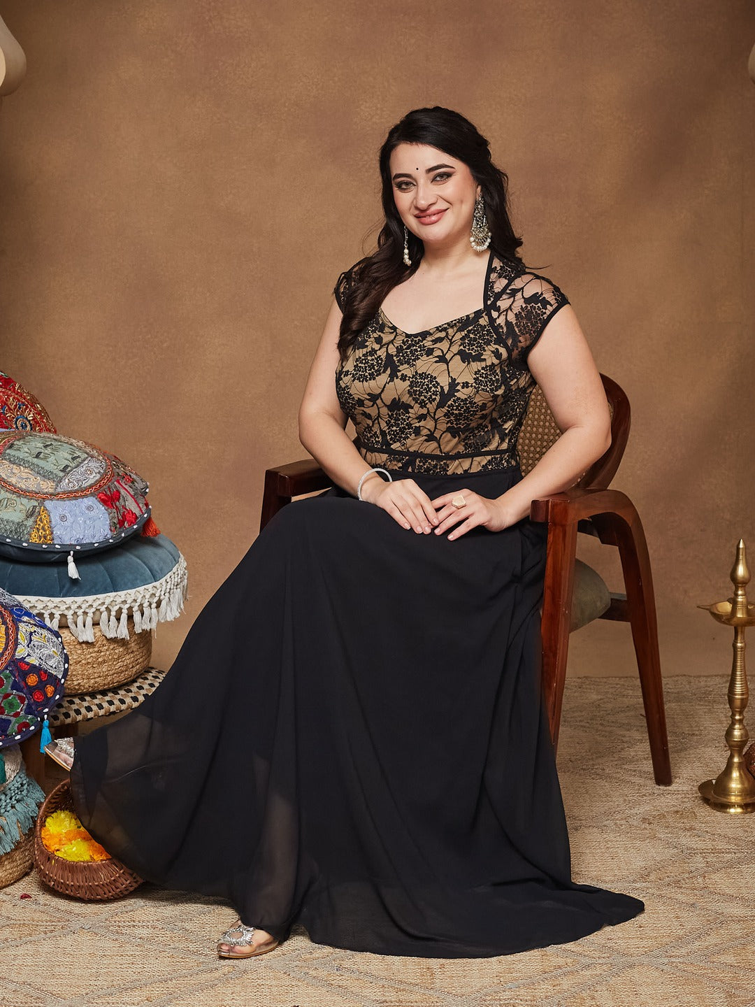 Black Floral V - Neck Cap Short Sleeves Lace Overlaid Fit & Flare Paneled Maxi Dress for Women
