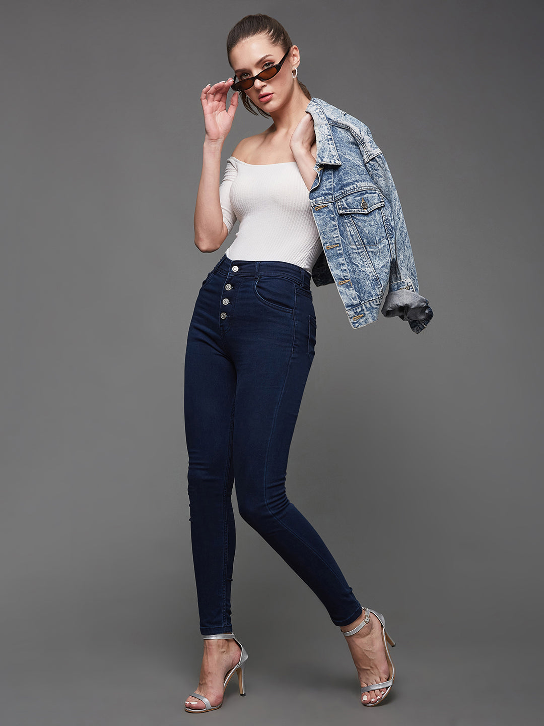 Women's Navy Blue Skinny Fit High Rise Regular Length Clean Look Stretchable Denim Jeans