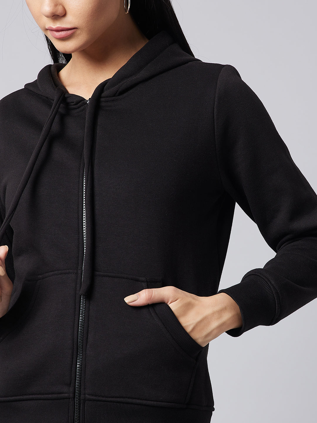 Women's Black Round Neck Full Sleeve Solid Hooded Regular Sweatshirt