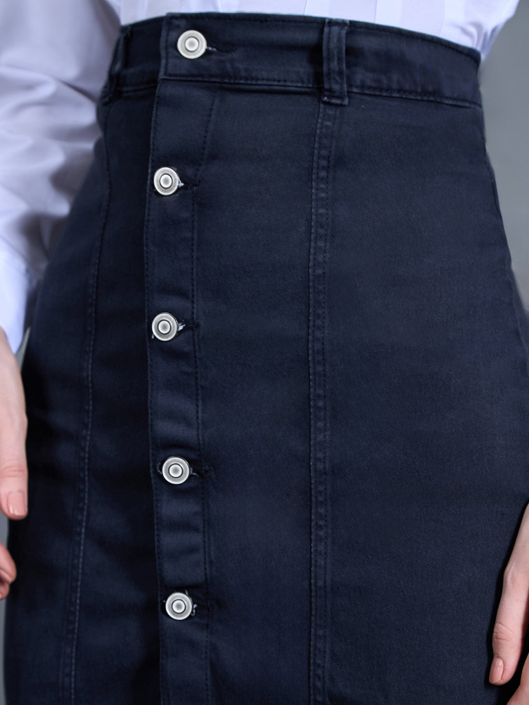 Women's Navy Blue Stretchable Solid A-line Mini Denim Skirt