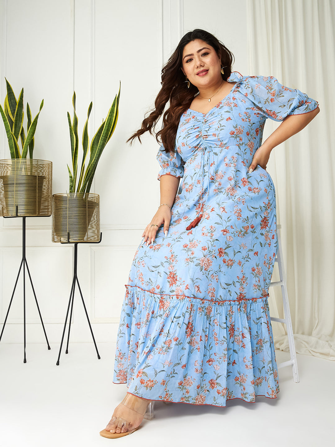 Women's Multicolored-Base-Powder Blue V-Neck Puff Sleeve Floral Ruching Ankle-Length Dress