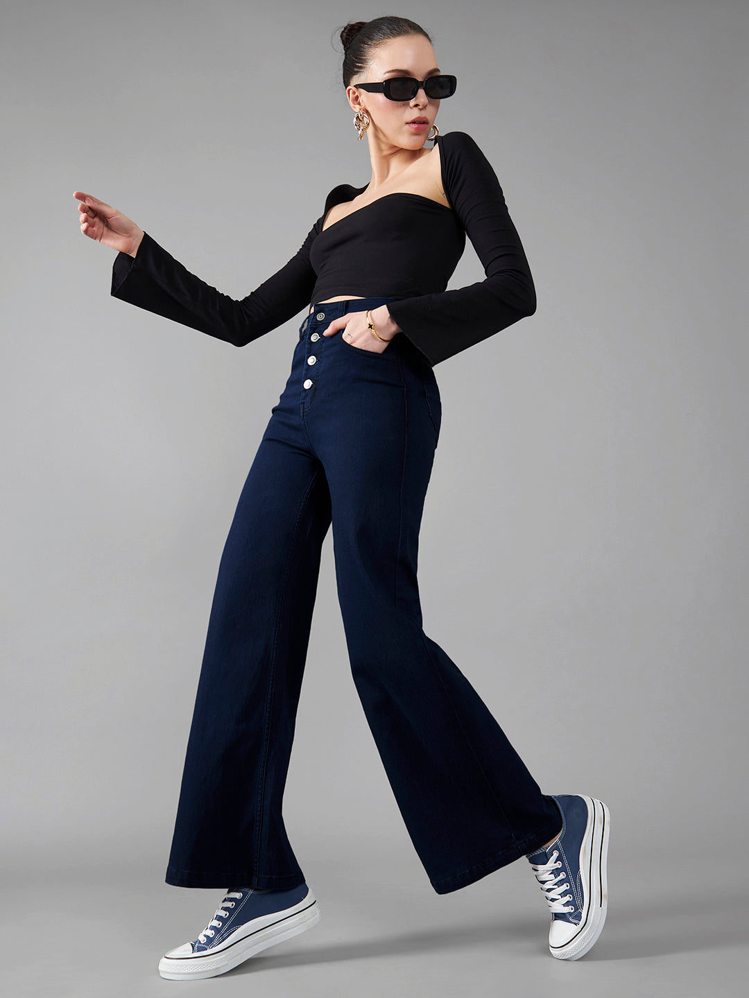 24/7 Comfort Women's Navy Blue Wide Leg High Rise Clean Look Regular Length Stretchable Denim Jeans