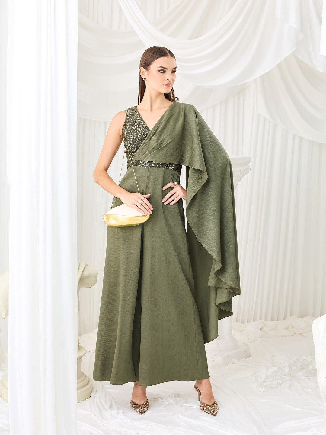 Embellished Satin Jumpsuit in Pale Olive with Draped Pleats for Women
