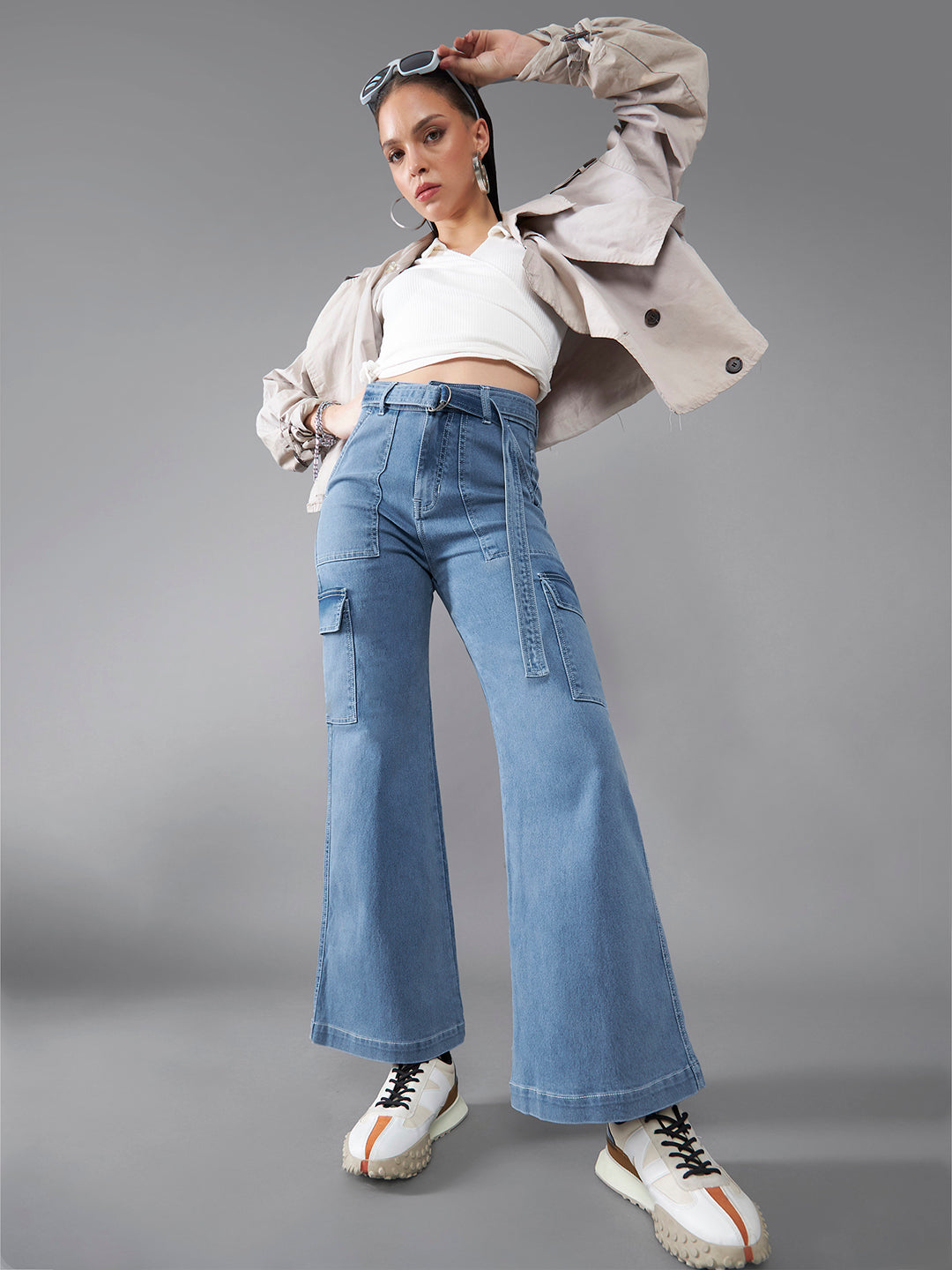 24/7 Comfort Women's Mid Blue Wide Leg High Rise Stretchable Cargo Denim Jeans