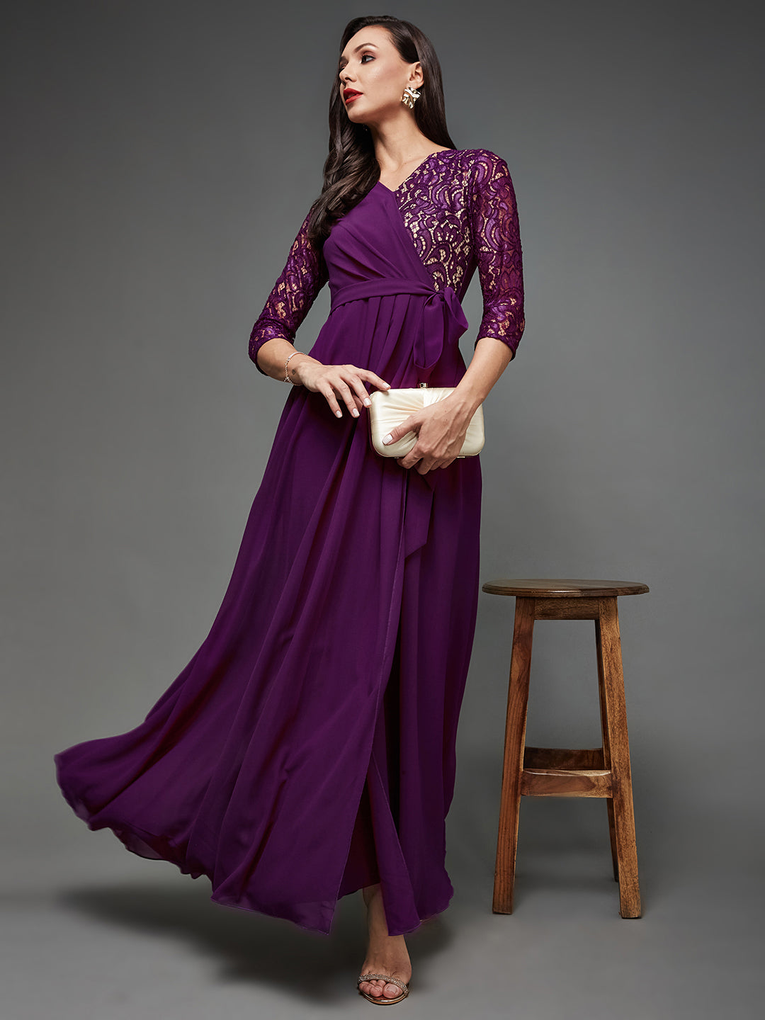 Women's Dark Purple Colored V-Neck Three-Quarter Sleeve Self-Designed Wrap Maxi Georgette Dress