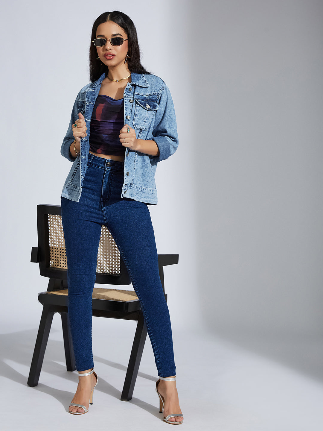 Women's Light Blue Collared Full Sleeve Solid Embellished Regular Length Denim Jacket