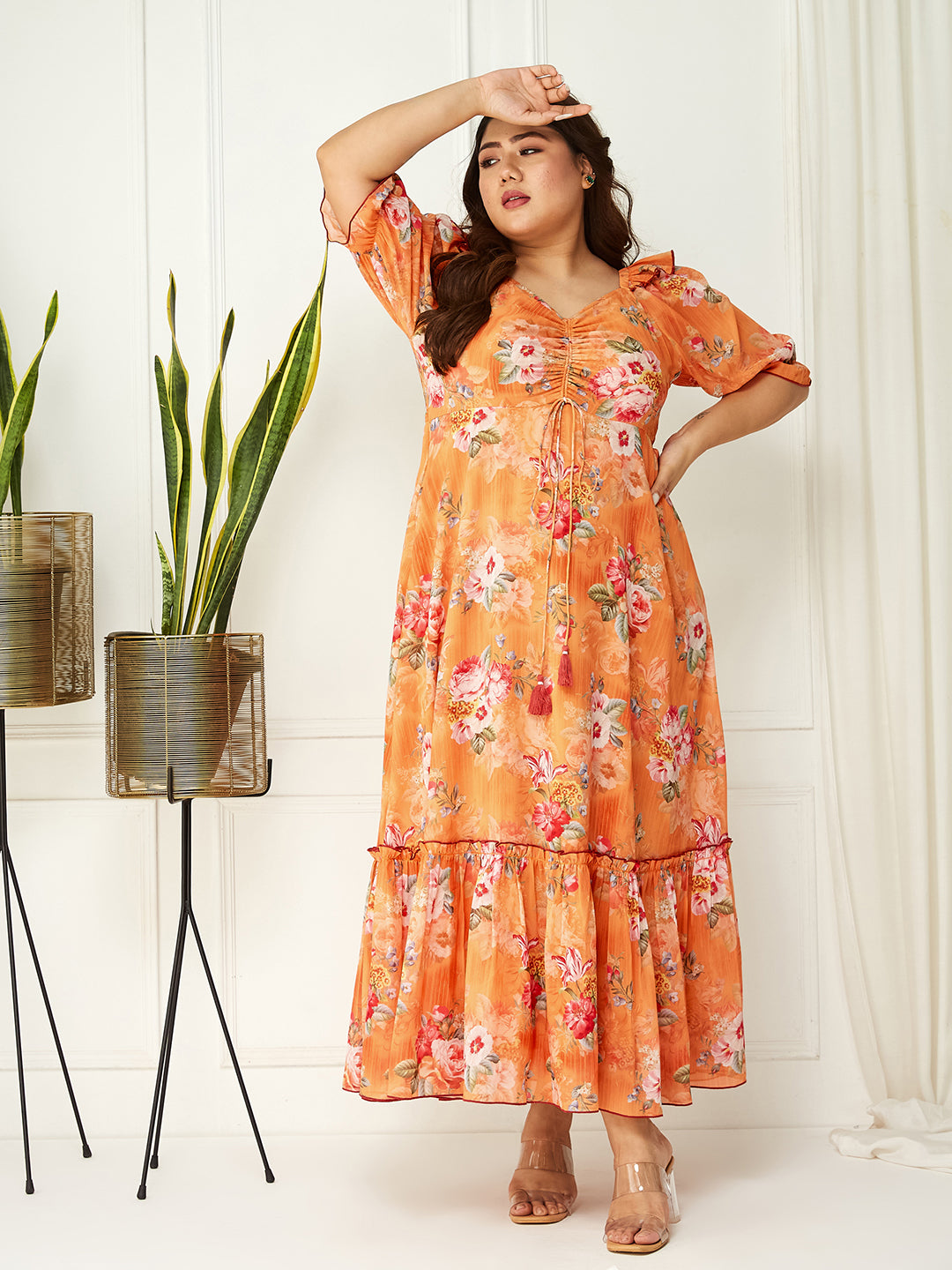 Women's Multicolored-Base-Orange V-Neck Puff Sleeve Floral Ruching Ankle-Length Dress