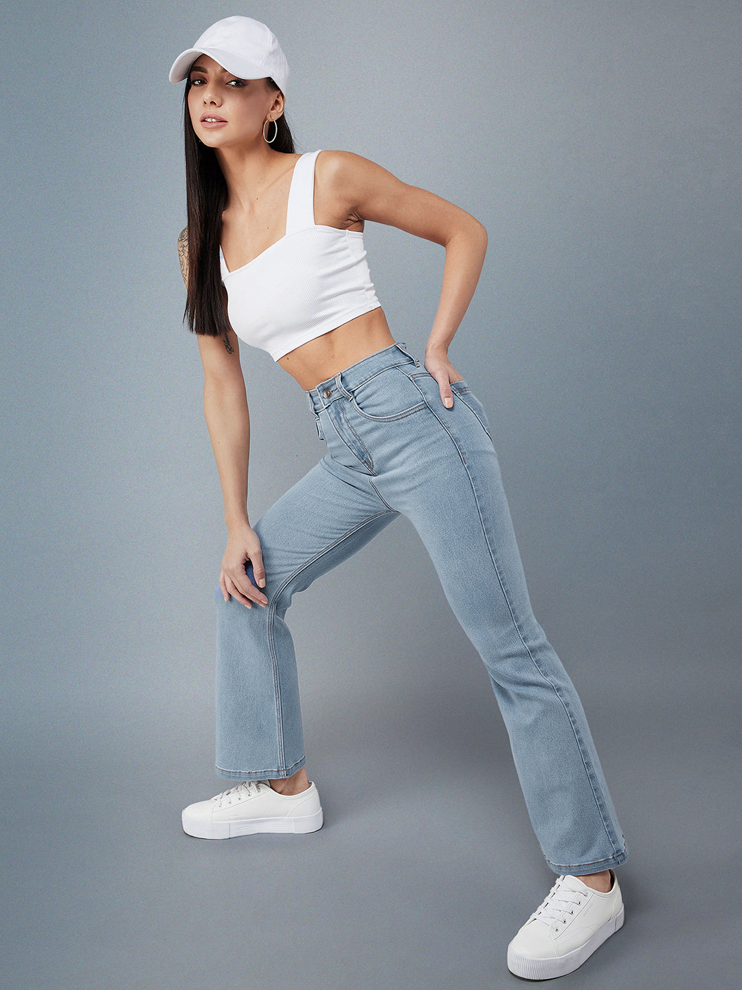 24/7 Comfort Women's Timeless Light Blue Bell Bottom Bootcut Hourglass High Rise Denim Jeans