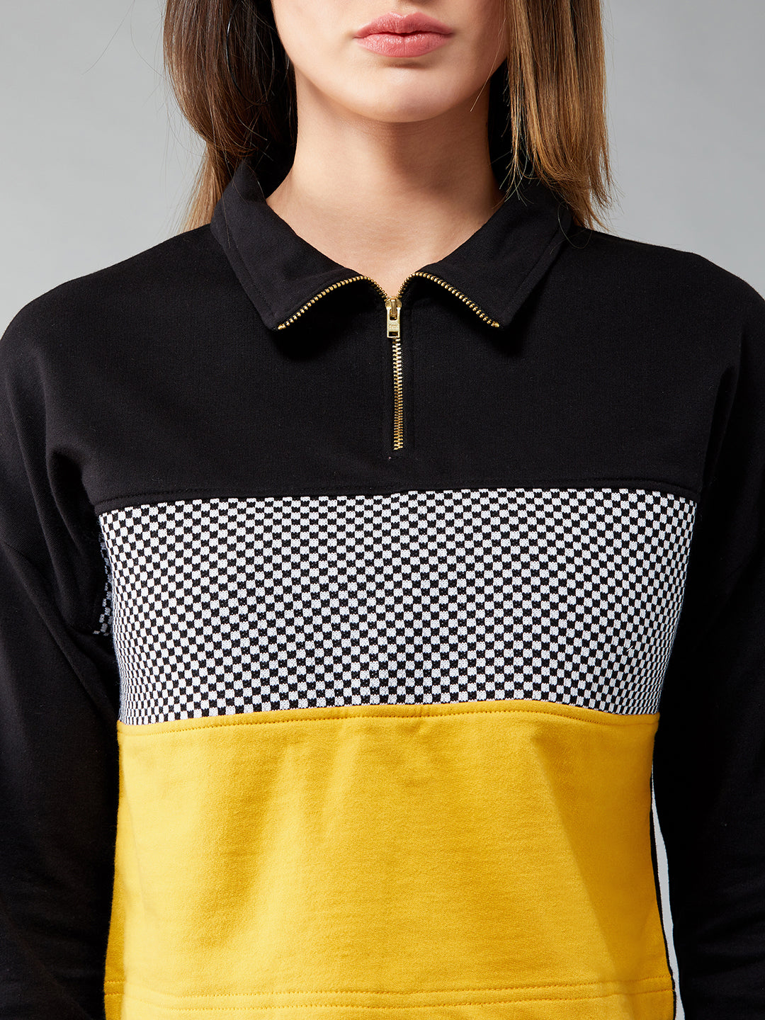 Women's Multicolor-Base Black Round Neck Full Sleeves Ribbed Checkered Boxy Crop Color-blocked Sweatshirt