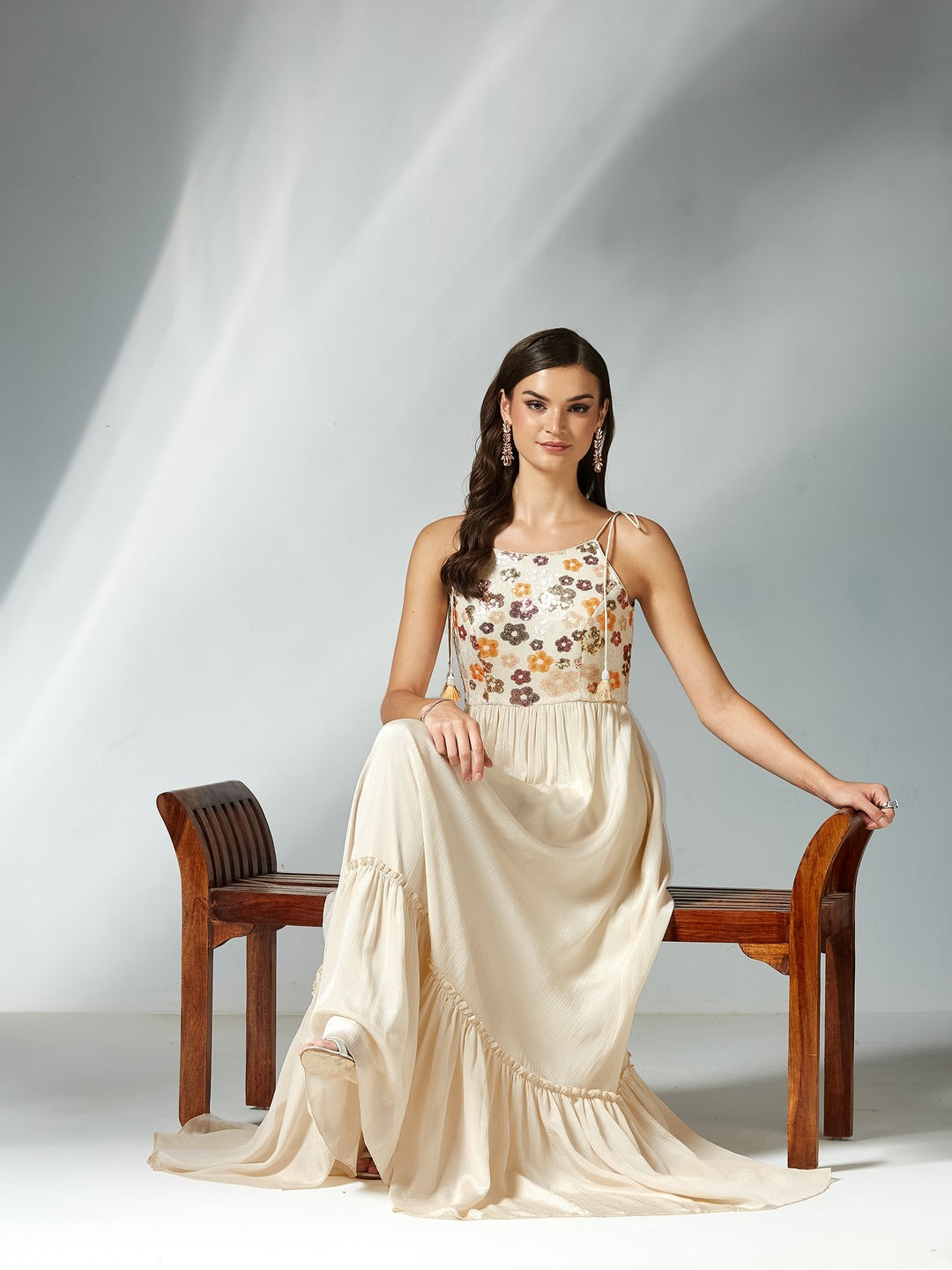 Cream Floral Printed Sleeveless Maxi Dress for Women