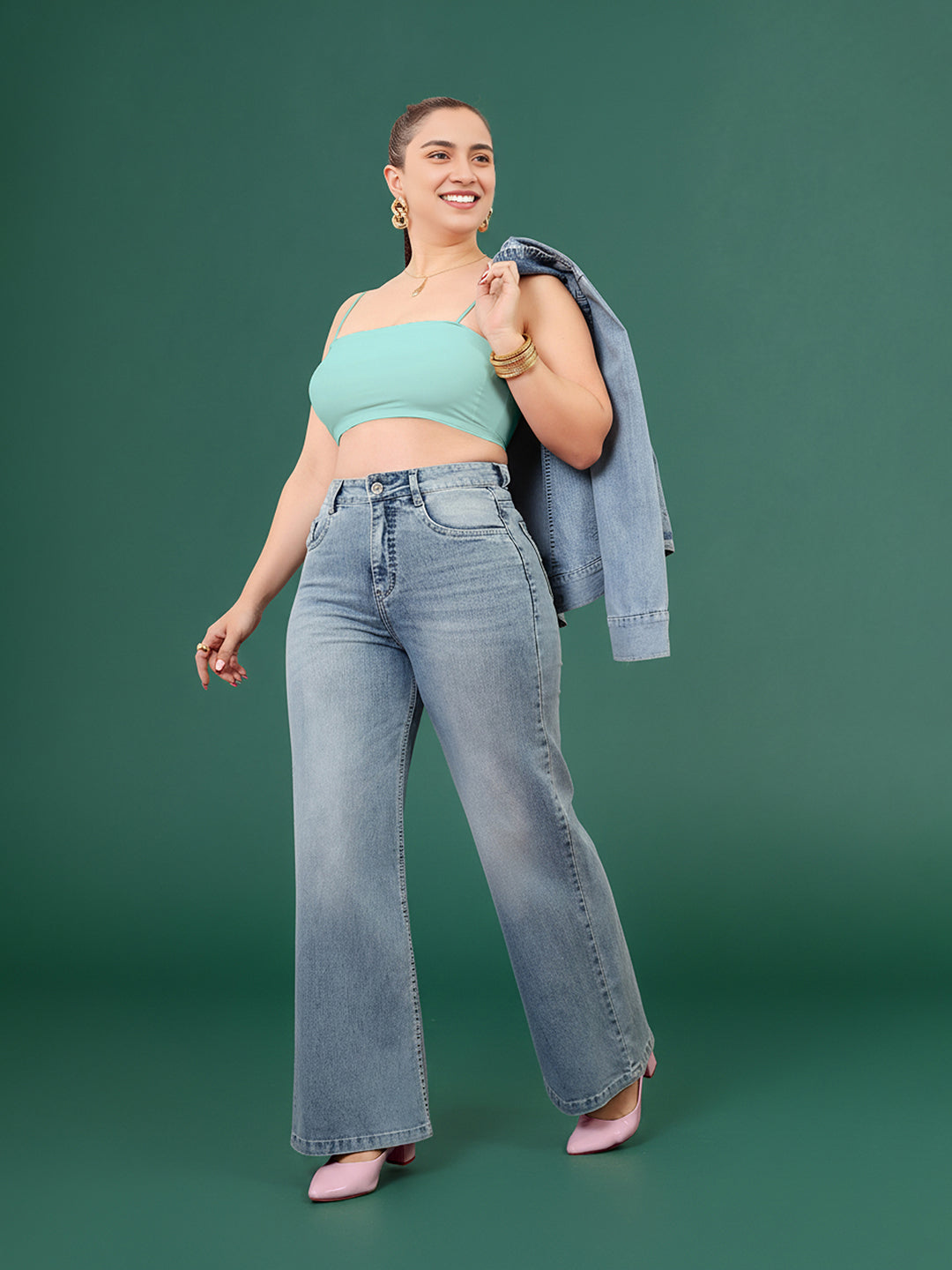 CHASEshape™ Light Blue Wide-Leg High-Rise Stretchable Denim Jeans for Women