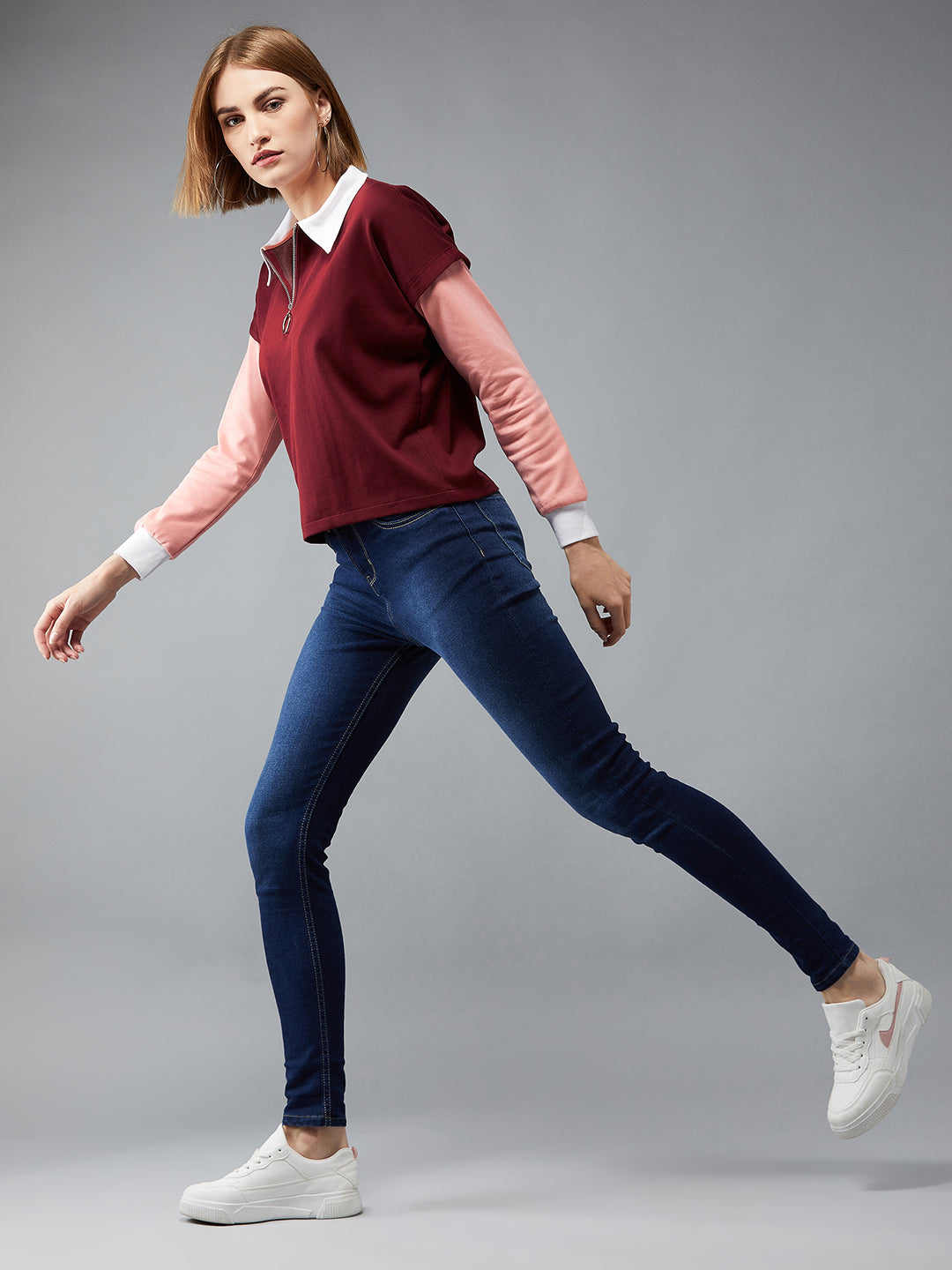 Women's Multicoloured- Base-Maroon Round Neck Full Sleeves Solid Color Block Regular Length Boxy Sweatshirt