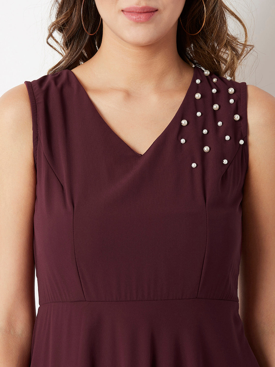 Maroon V-Neck Sleeveless Solid Pearl Detailing Knee-Long High-low Skater Dress for Women — Miss Chase