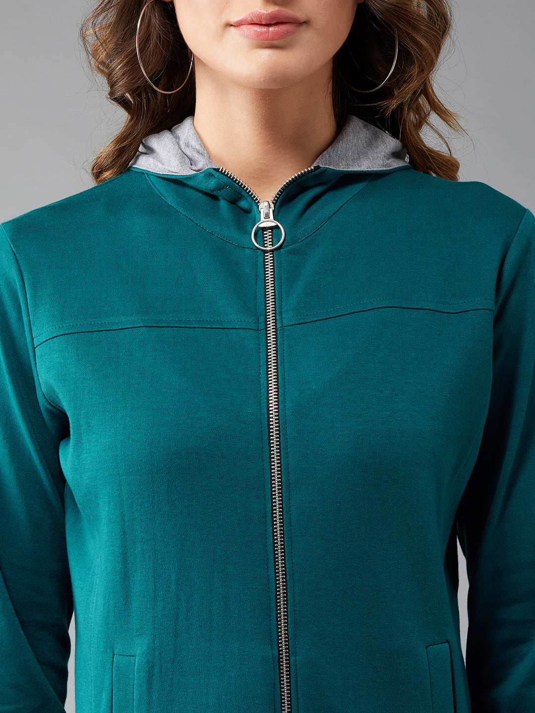Women's Turquoise Blue Mock Collar Full Sleeves Solid Hooded Regular Length Jacket