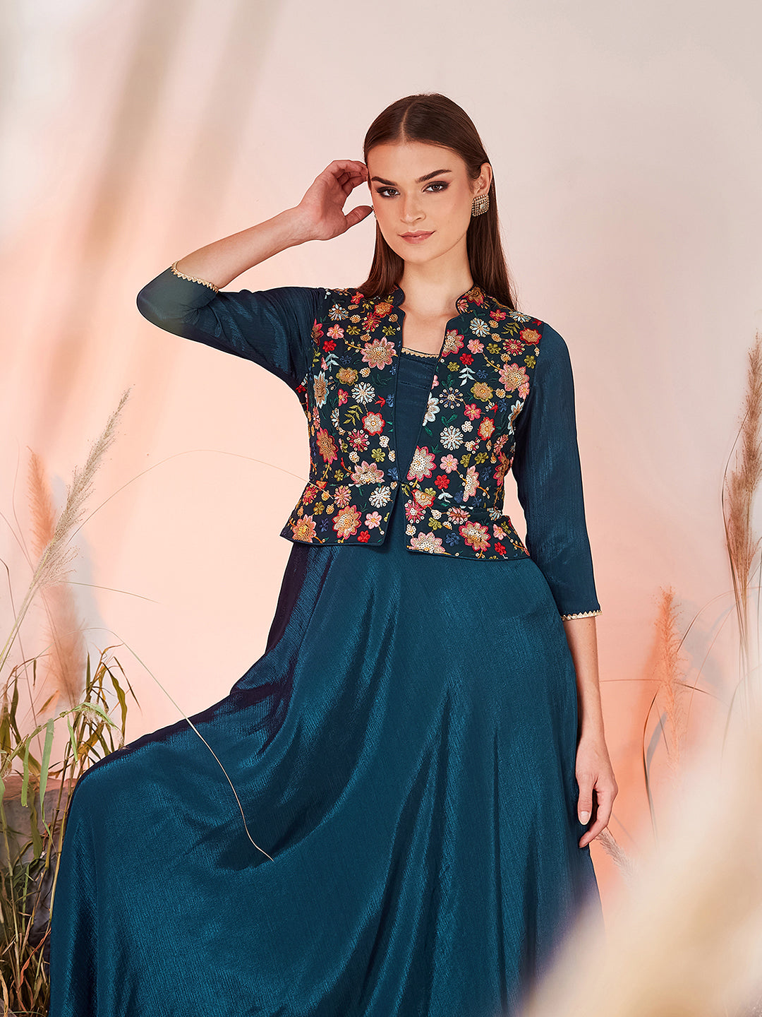 Teal Mandarin Collar Tapered Square Neck 3/4 Sleeve Embellished Jacket Style Maxi Chiffon Ethnic Dress for Women