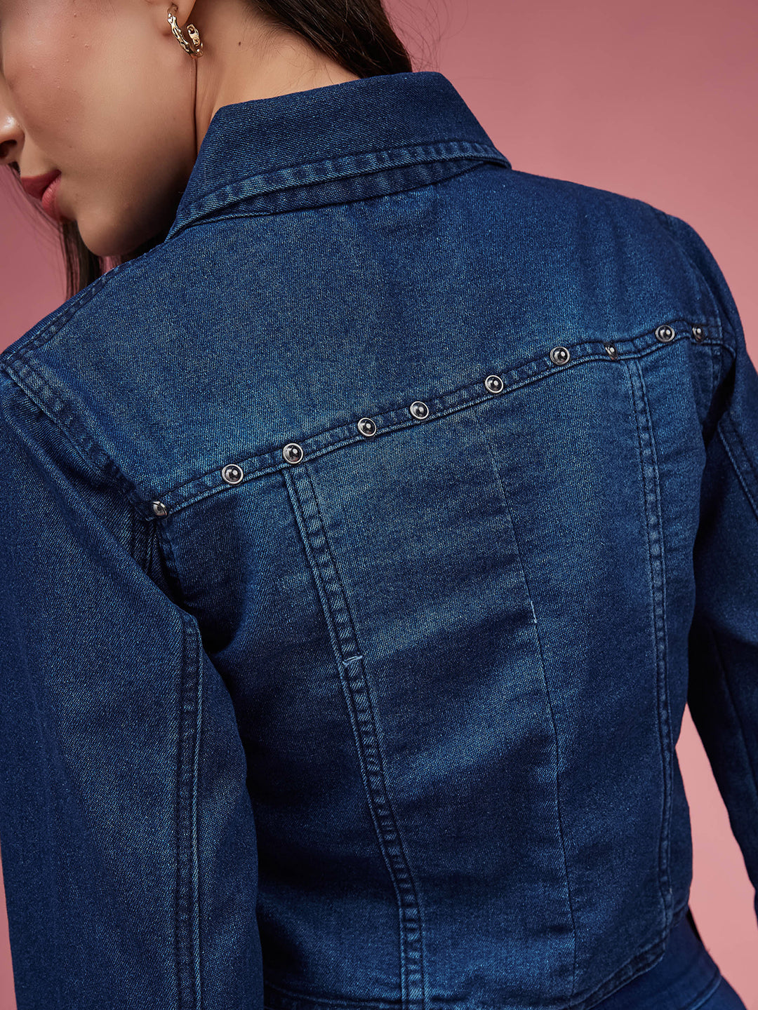 Navy-Blue Solid Polo Neck Full Sleeves Buttoned Denim Embellished Cropped Jacket for Women