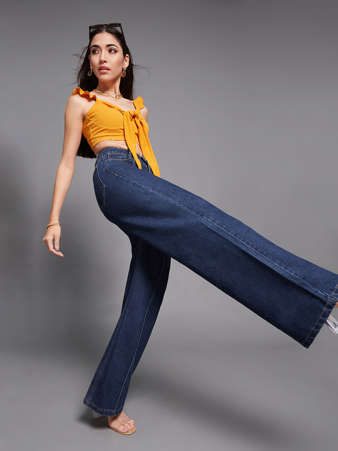 Premium Navy Blue Wide Leg High-Rise Non-stretchable Denim Jeans