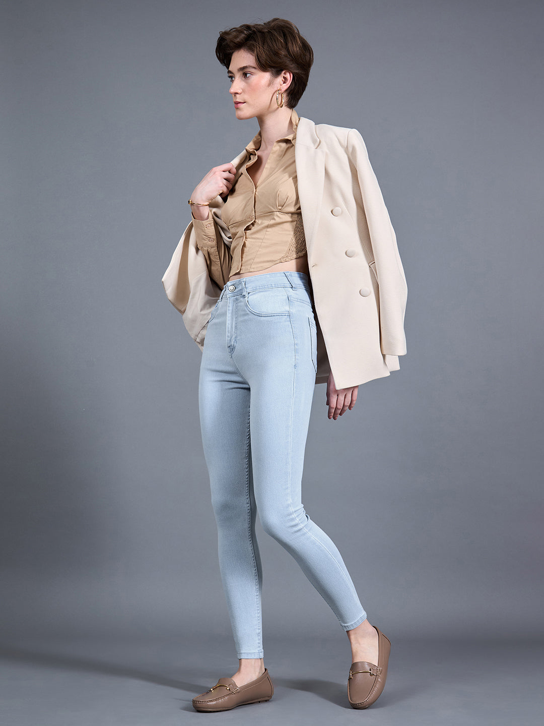 24/7 Comfort Workwear Women's Light Blue Skinny High Rise Distressed Regular Length Ice Wash Denim Jeans