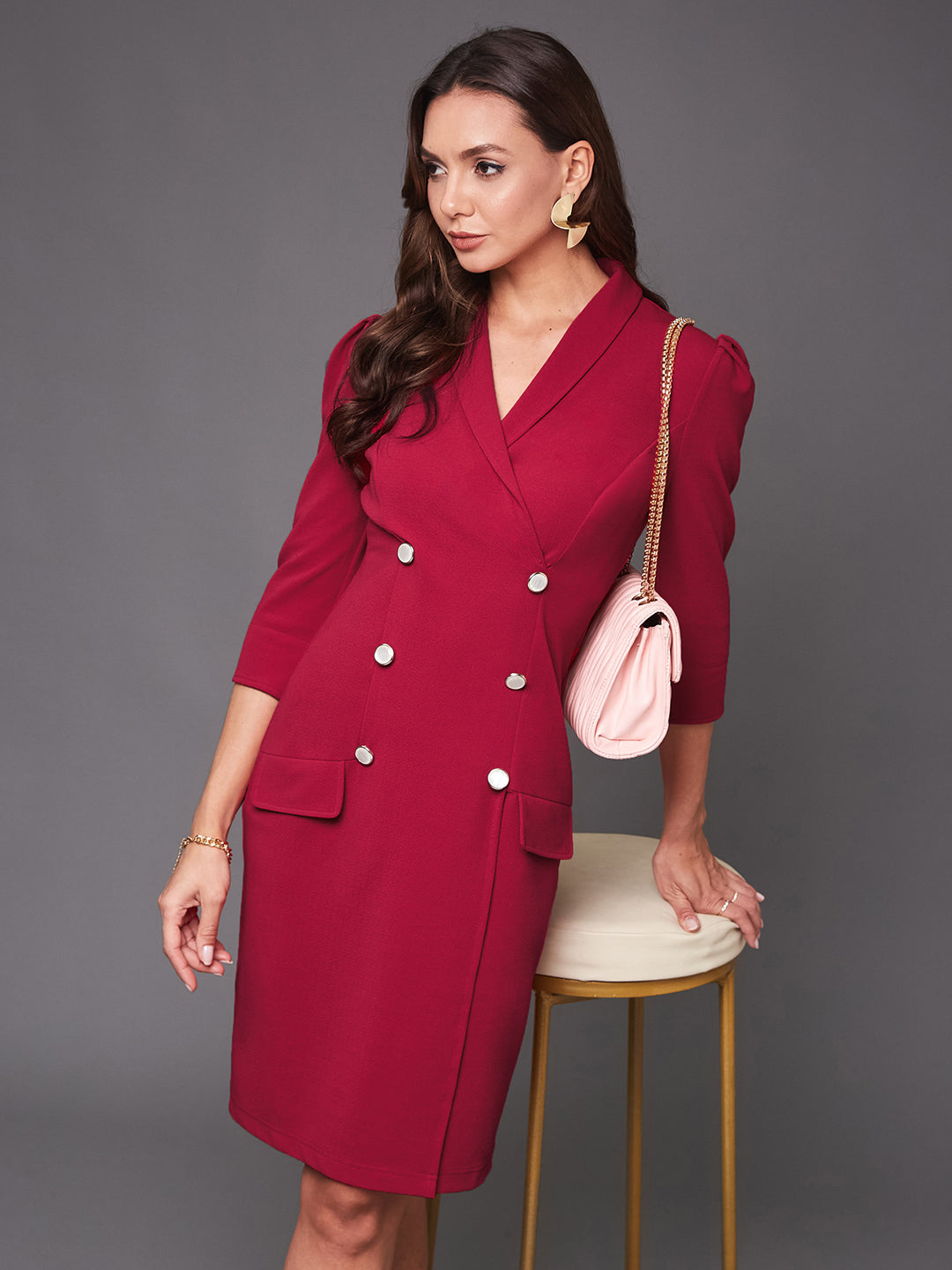 Women's Dark Pink V-neck 3/4 Sleeve Solid Double Breasted Blazer Knee-Long Polyester Dress