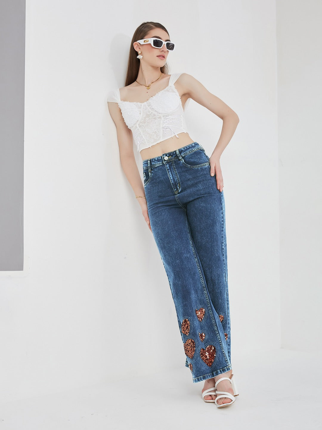 Mid Blue Wide leg high-rise Regular Stretchable Denim Jeans for Women