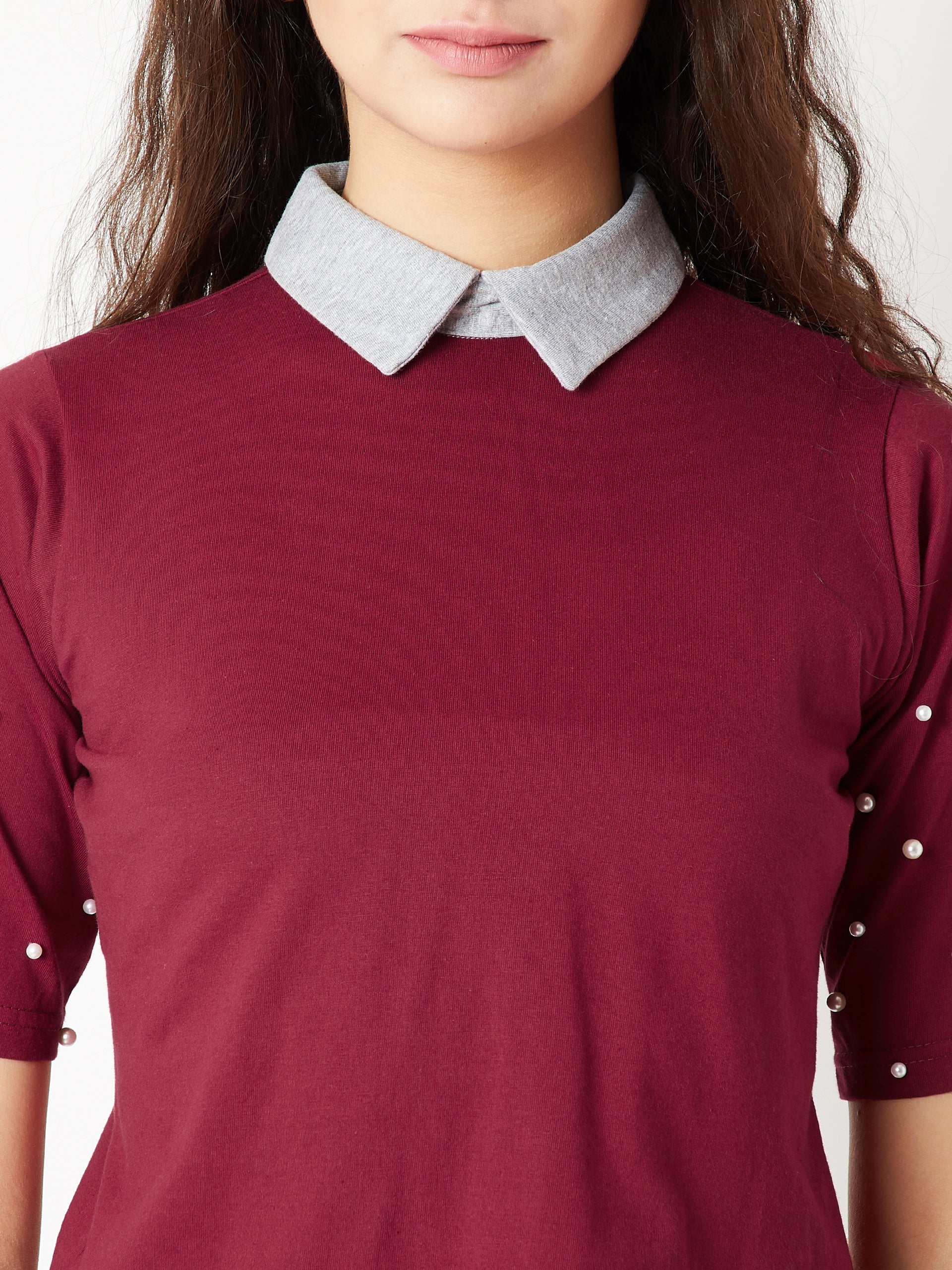 Women's Maroon & Grey Half Sleeves Round Neck Solid Collared Pearl Detailing Crop Top
