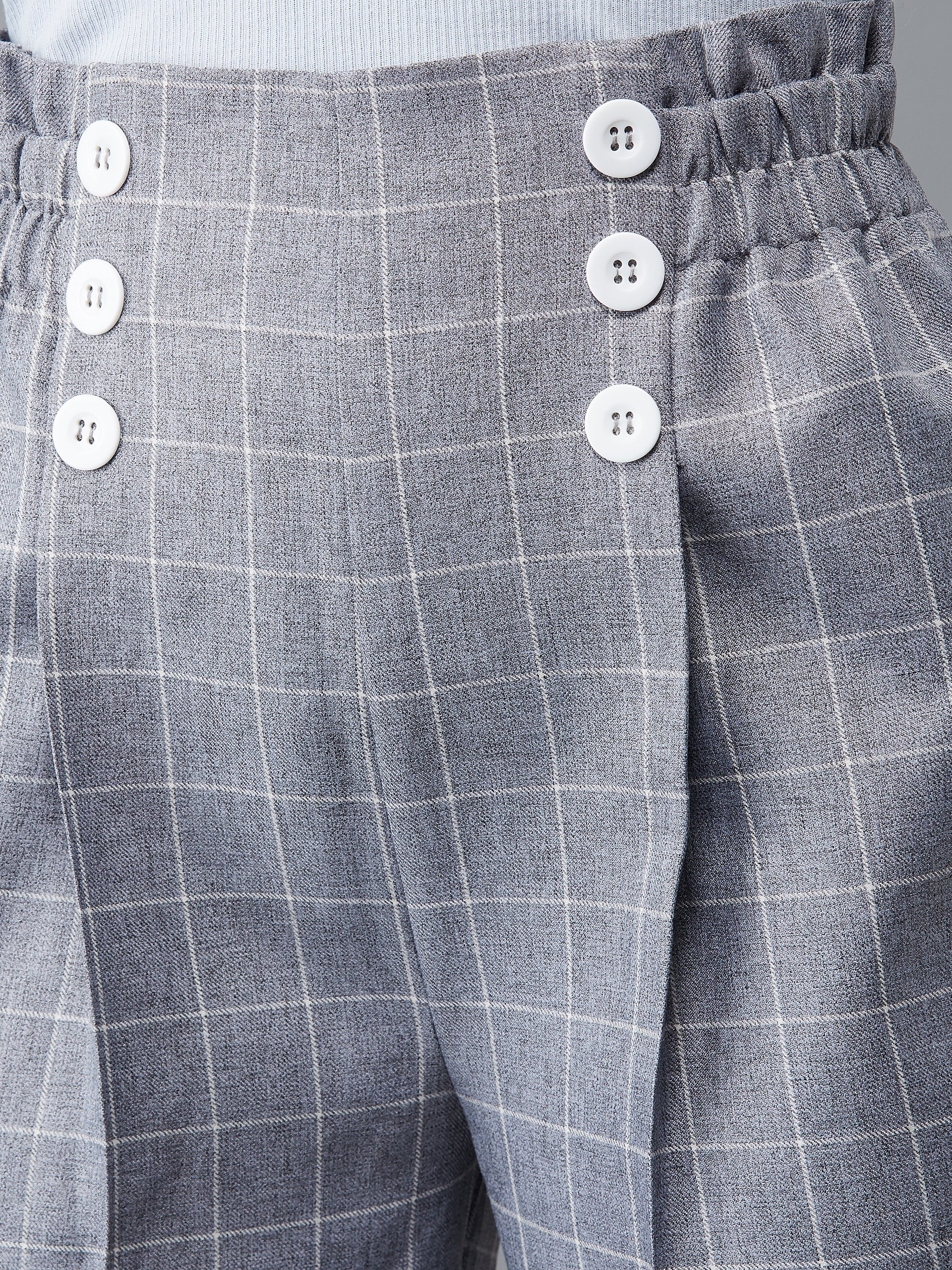Women's Grey & White Polycotton Checkered Gathered/Pleated Cropped Trouser