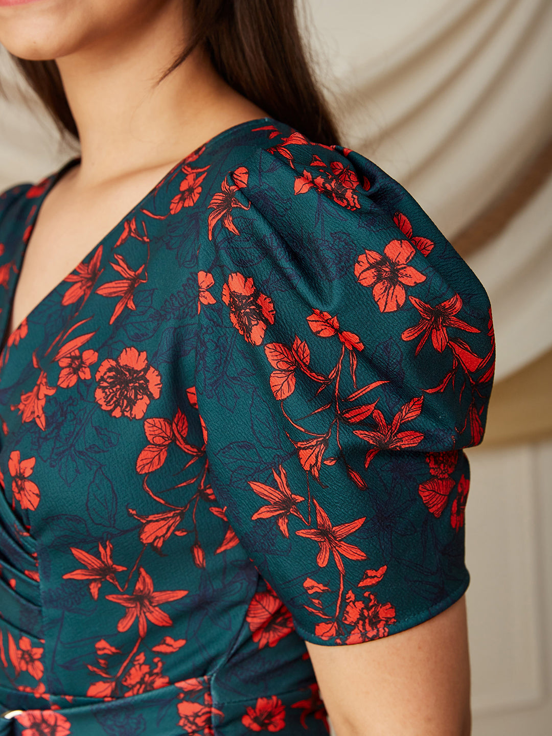 Multicolored-Base-Teal V-neck Puff Sleeve Floral Wrap Midi Dress