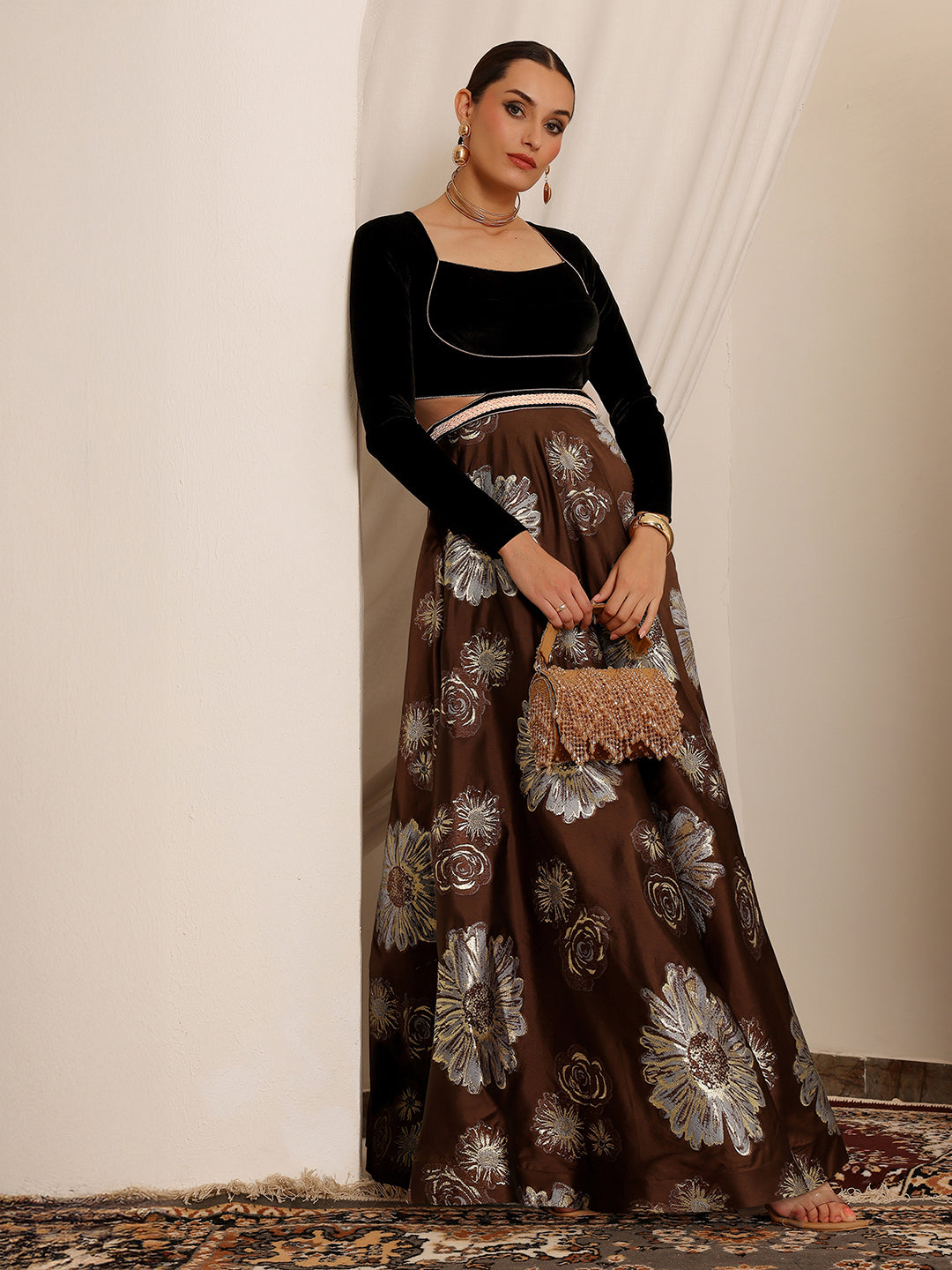 Raas Avi Brown Choli-Cut Floral Cut-Out Maxi Dress