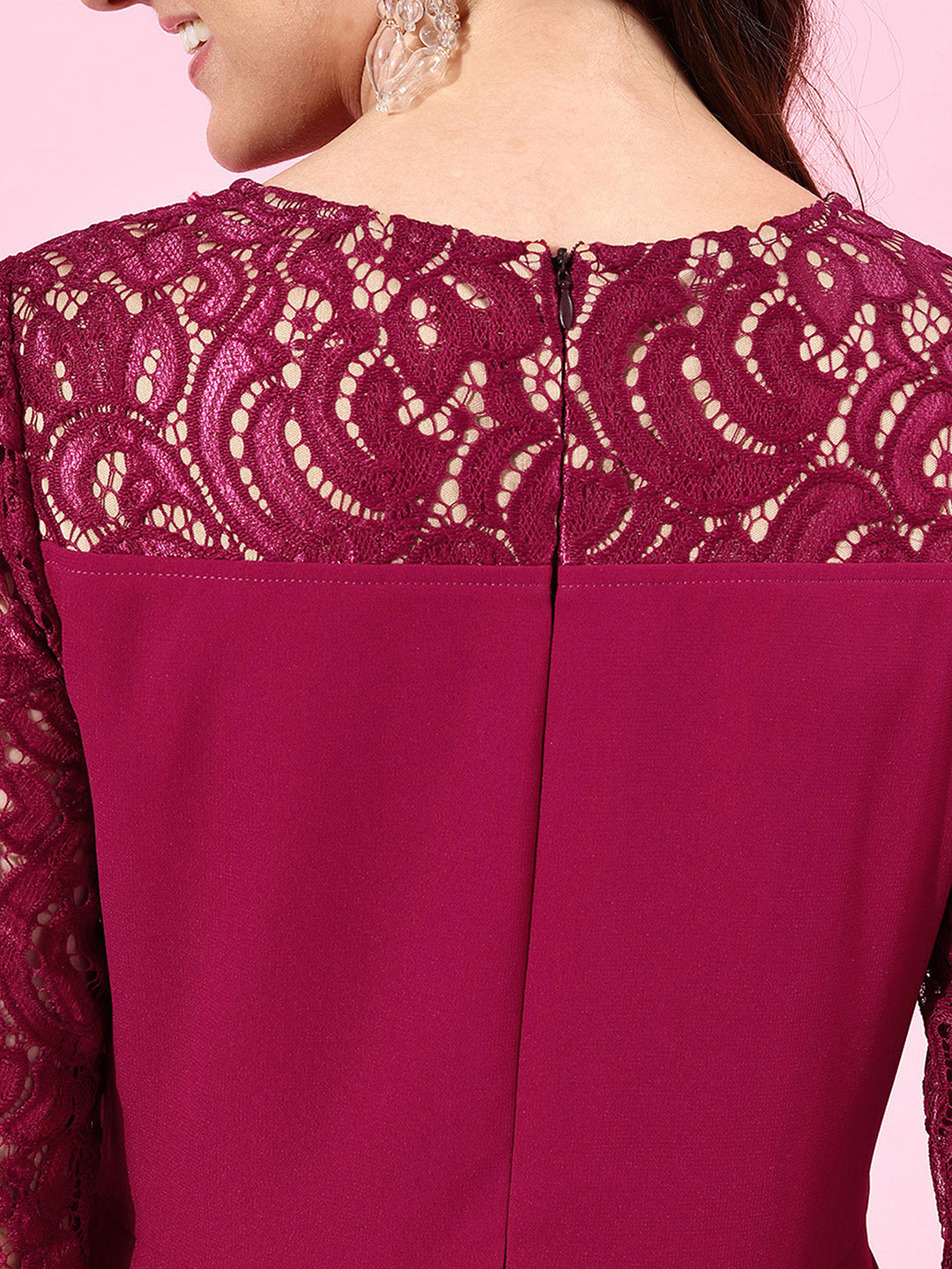 Dark Pink Long Sleeves Lace Wrap Maxi Dress Long Dress Frock for Women 
