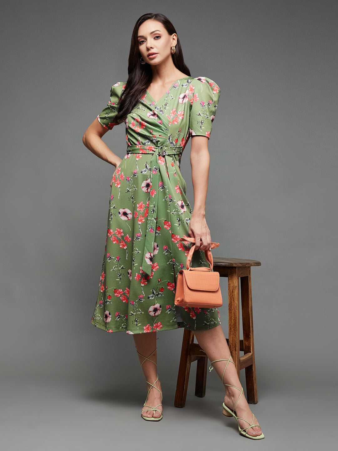 Crease Ease Women's Multicolored-Base-Green V-Neck Pleated Puff Sleeve Floral Patterned Wrap Midi Polyester Dress