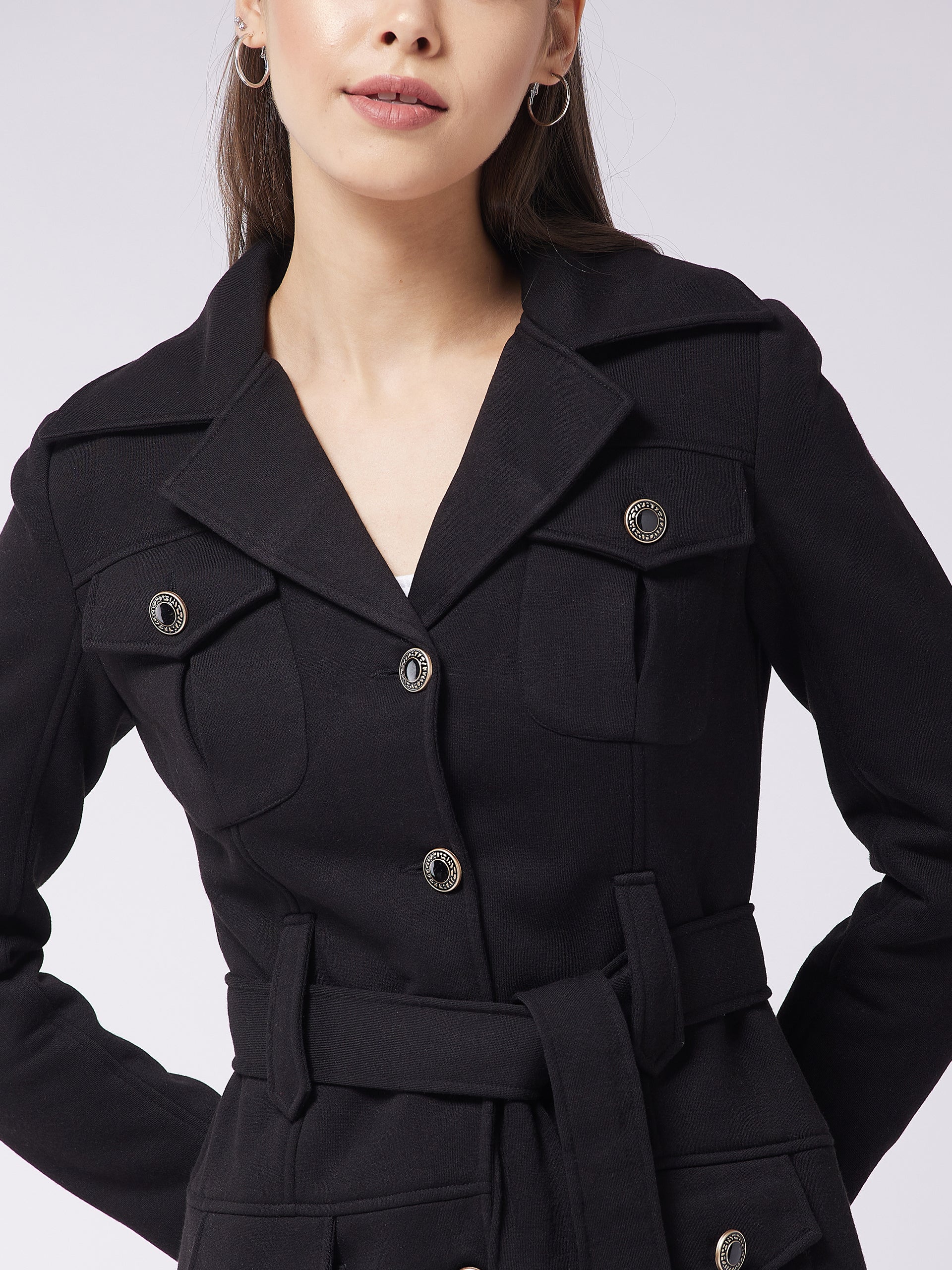 Women's Black Notch Collar Full Sleeve Solid Safari Longline Jacket