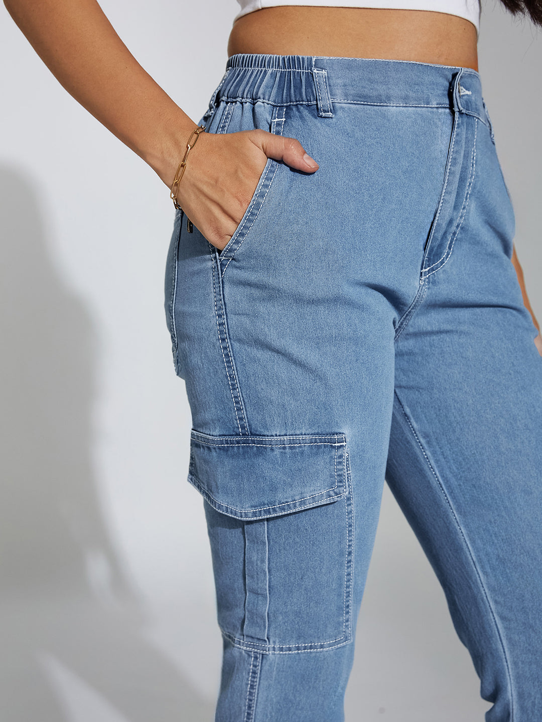 Women's Light Blue Regular High-Rise Clean-Look Regular Stretchable Light Weight Denim joggers