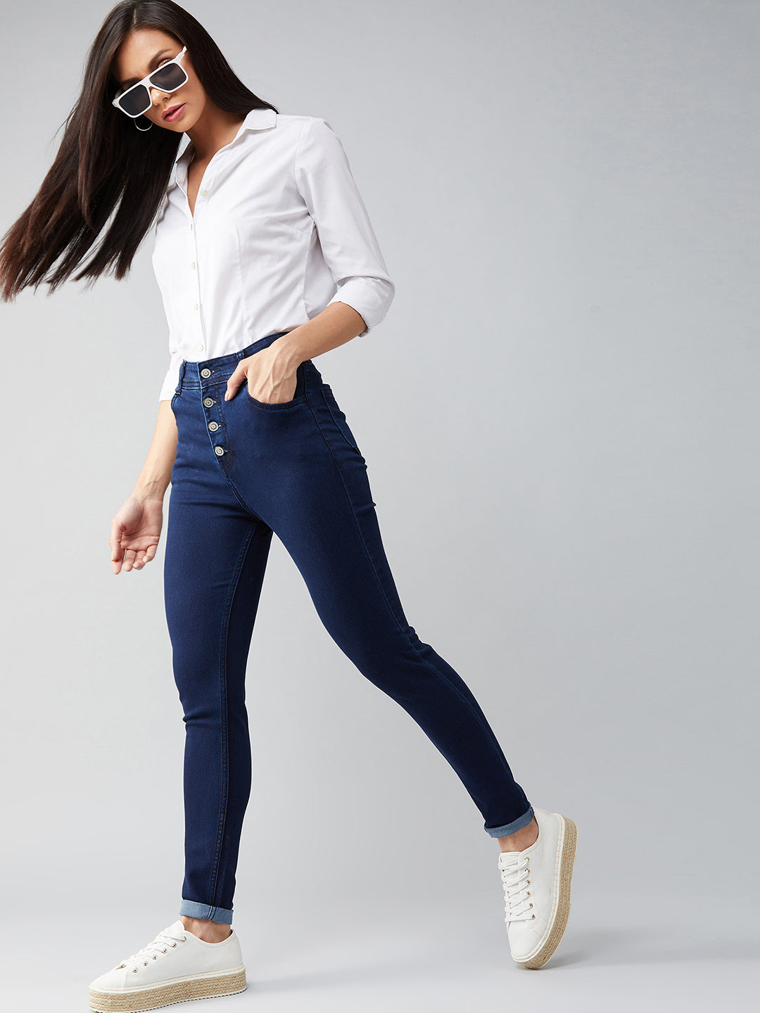 Women's Navy Blue Skinny Fit High Rise Regular Length Clean Look Stretchable Denim Jeans