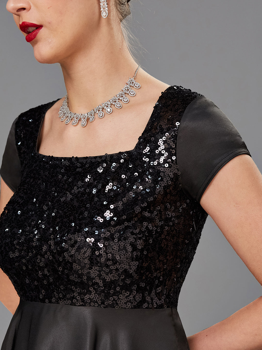 Women's Black Square Neck Short Sleeve Embellished Polyester Fit & Flare Maxi Dress