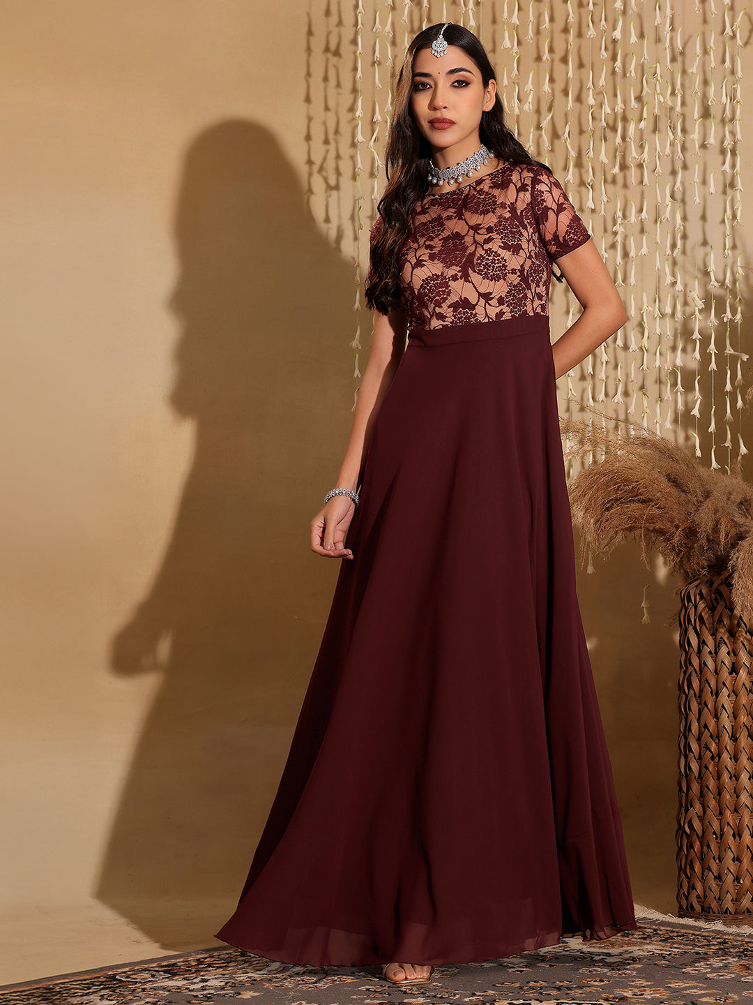 Women's Wine & Beige Relaxed Fit Regular Georgette Dress