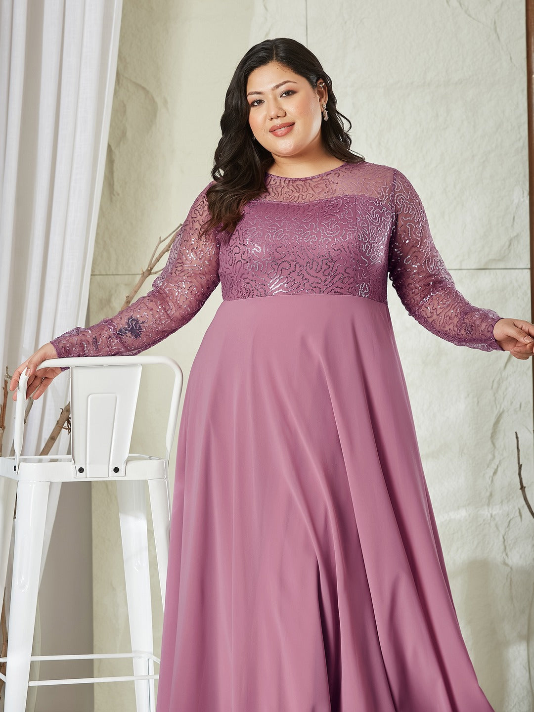 Dusty Lavender Solid Embellished Maxi Dress for Women