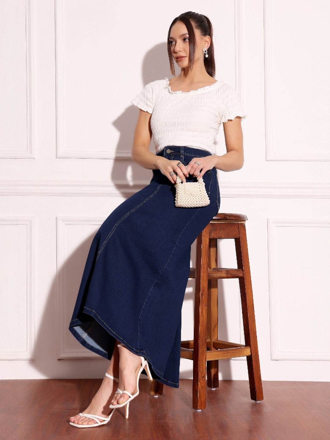 Women's Dark Blue Flared High-Rise Stretchable Denim Maxi Skirt